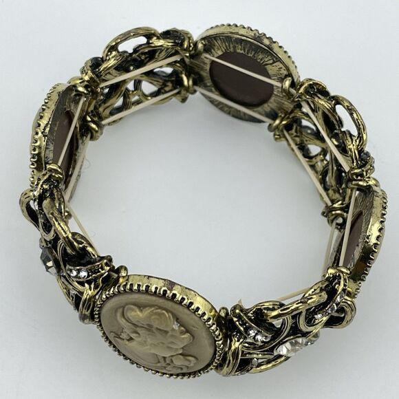 Antique Gold Tone Cameo Rhinestone Stretch Bracelet Vintage Look Victorian - Picture 5 of 6